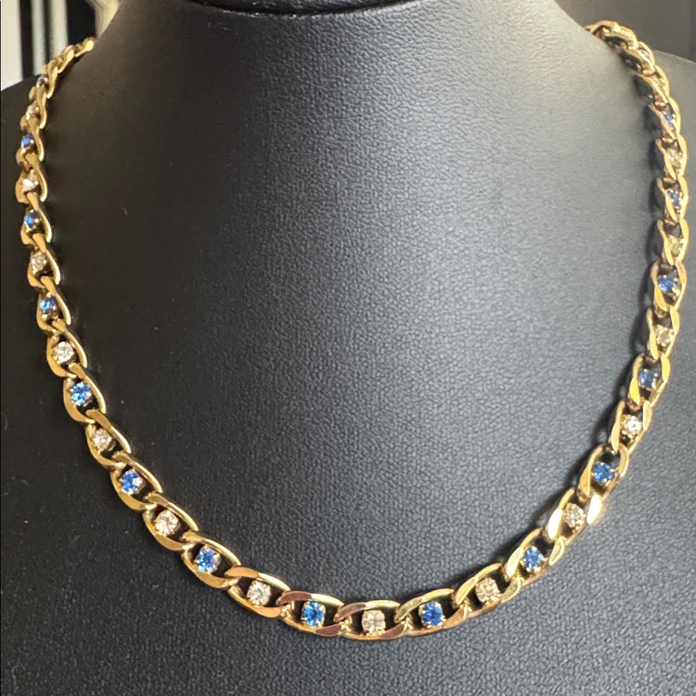 Vintage Gold Tone Necklace w Blue & Clear Rhinestones